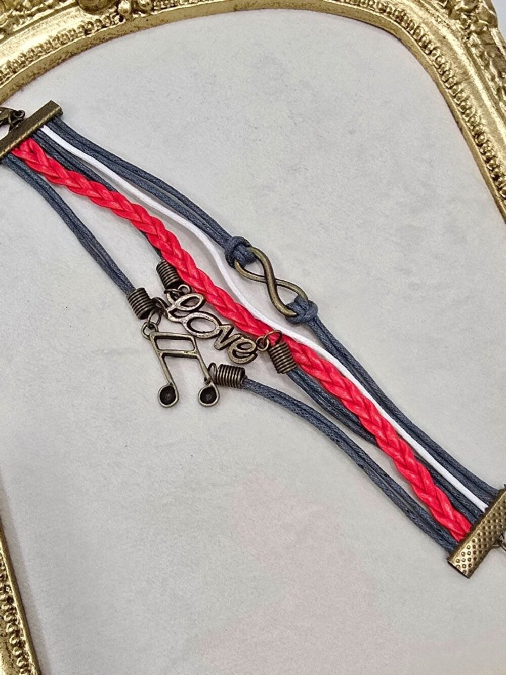 Handmade ✦ Leather Love & Music Charm Bracelet ✦ Red Blue White Braid Adjustable